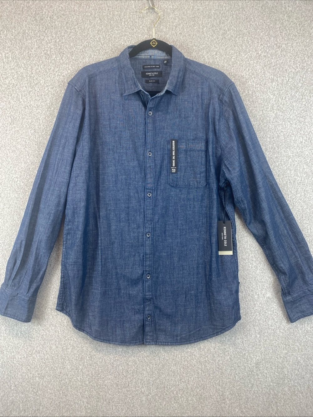 Kenneth Cole Slim Fit Chambray Button Down Shirt Size L Cotton Blend Office